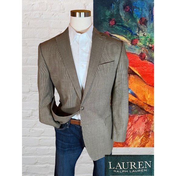 Lauren Ralph Lauren Other - Ralph Lauren 44L Mens Tan Blue Plaid Blazer Sport Coat 3 Button Jacket Silk Wool